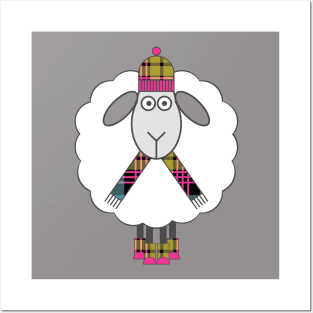 Cosy Winter Sheep With Pink, Blue and Yellow Tartan Hat, Scarf and Boots Posters and Art